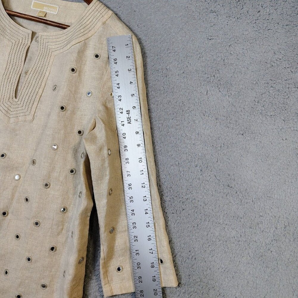 Michael Kors Top Women's Large Tan 100% Linen Sequence Mirror Work Tunic Coastal - Picture 5 of 12